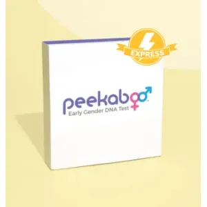 Peekaboo Early Gender DNA Test package on a light yellow background.